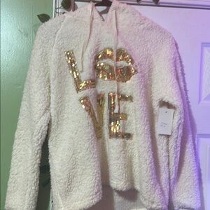 Cozy White Hoodie with Gold Sequin LOVE